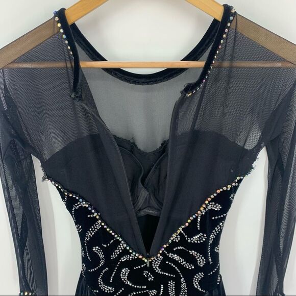 Ice Figure Skating Dress Girls Long Sleeved Black Gymnastics Dress - Picture 6 of 15